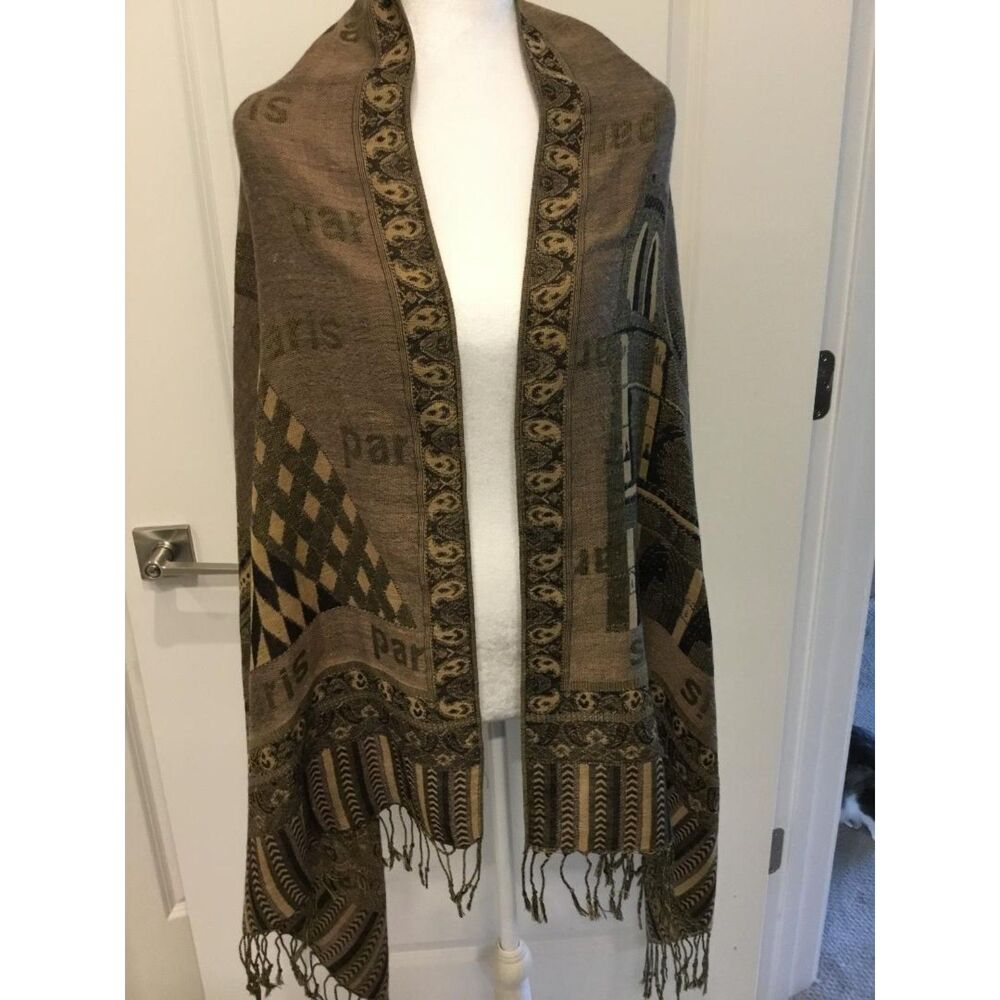 Paris Eiffel Tower Print Scarf w/Graphics and the word "Paris" with Fringed Ends
